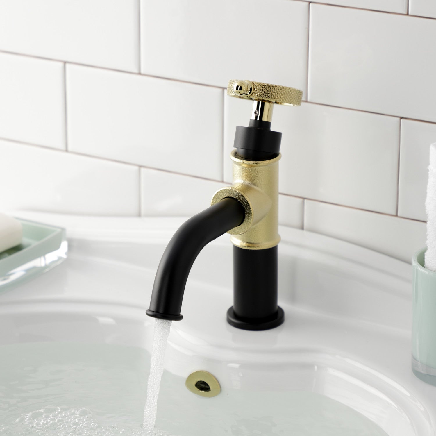Kingston Sona KS2822RKX - Webb One-Handle 1-Hole Bathroom Faucet with Knurled Handle and Push Pop-Up Drain, Matte Black/Polished Brass — thumbnail 3